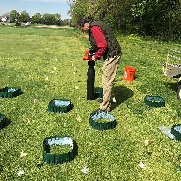 A person an a turf research plot vaccuuming up annual bluegrass weevils.